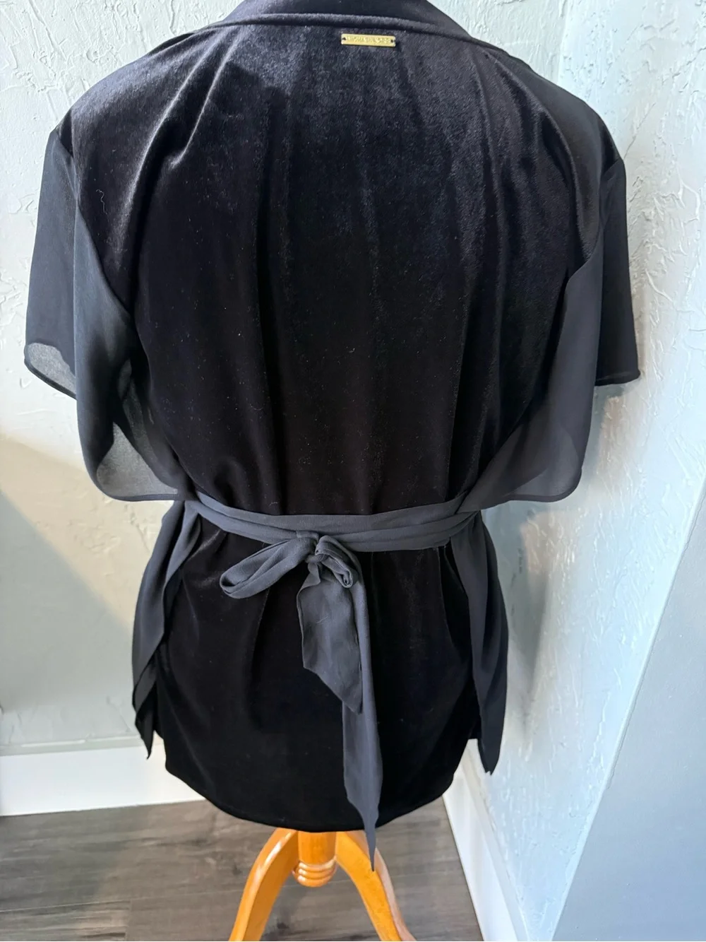 NWT, Michael Kors Black Stretch Velvet Mixed Media V neck Top (kimono style)